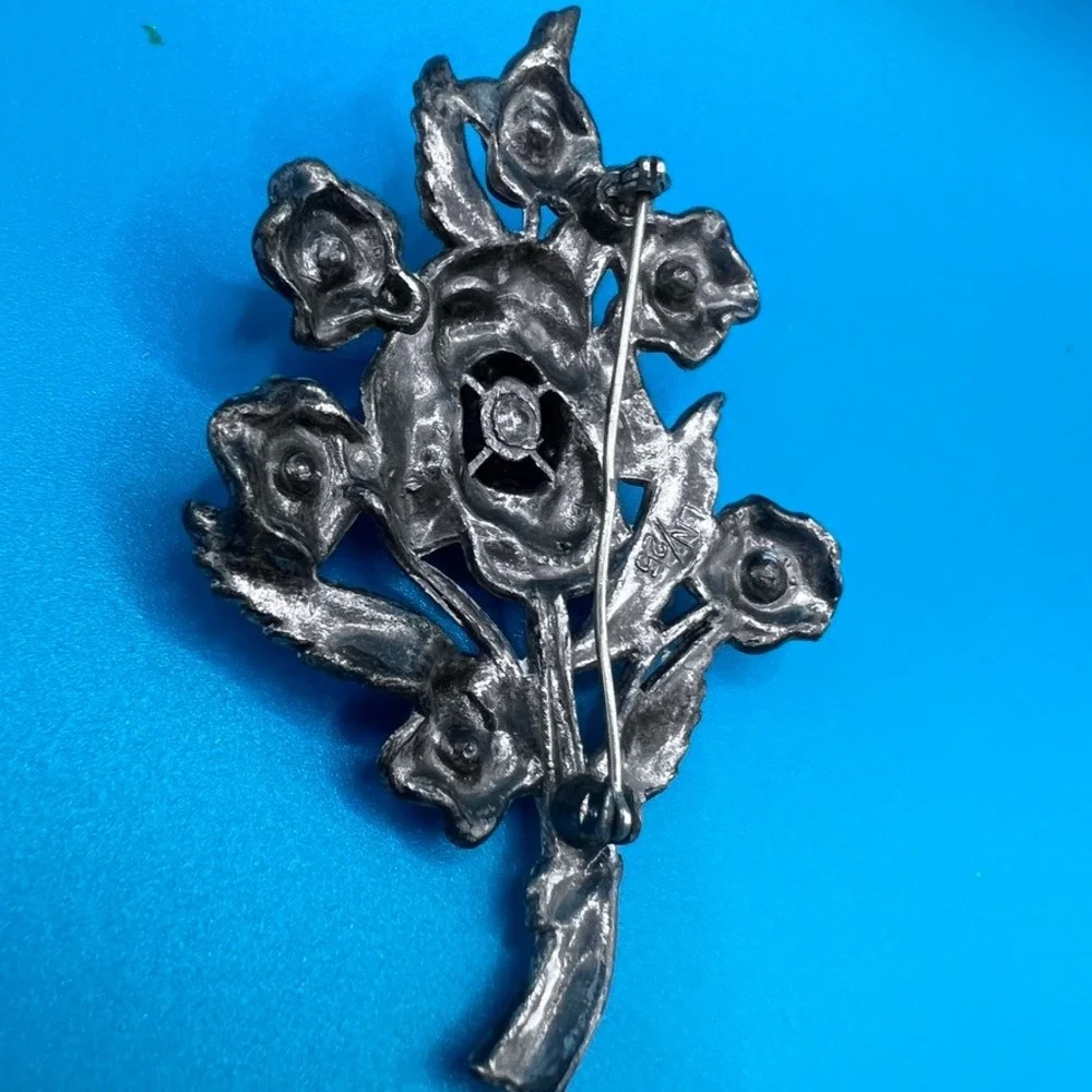 Vintage Little Nemo Pot Metal Brooch Large Blue Rhinestones Floral ‎ 3.25